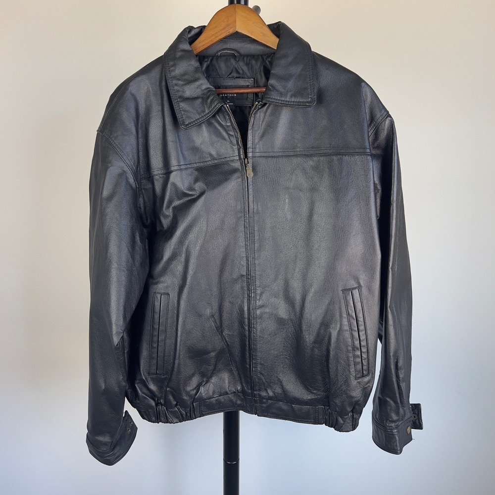 Vintage Cougar Leather XL Black Bomber Jacket Quilted Lined Full Zip 90s Grunge